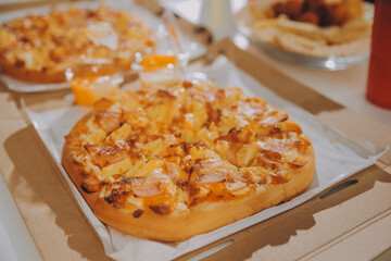 Group of young friends eating pizza.Home party.