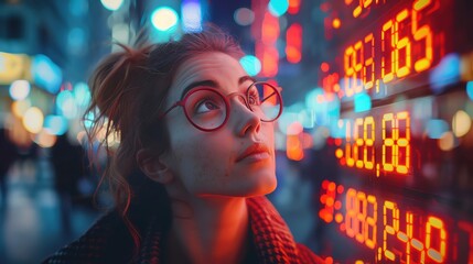 Woman gazing up at a city skyline with colorful lights and numbers.