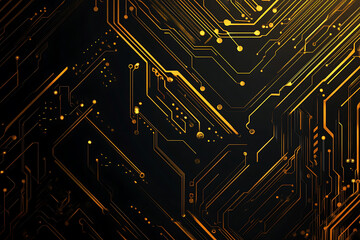 A modern abstract design featuring gold lines and dots representing network science and technology on a high-tech dark background. Ideal for templates, web design, and presentations