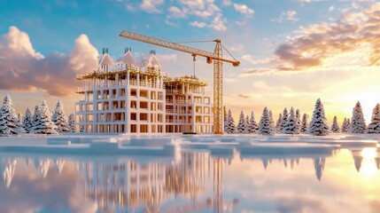 Obraz premium A modern construction site in winter with a crane and snow-covered landscape reflecting the sky.