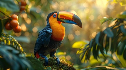 Obraz premium Colorful toucan with its large beak, perched among lush tropical leaves, with soft light filtering through the canopy.