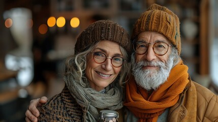 Fototapeta premium Happy senior couple in winter wear smiling at camera