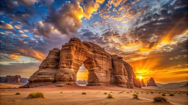 Dramatic sunset over Elephant Rock in Al Ula desert landscape Saudi Arabia , Elephant Rock, Al Ula, Saudi Arabia, desert