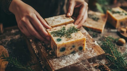 Close-up of a woman's hands carefully placing a handcrafted soap bar adorned with pine needles and herbs on a wooden surface, symbolizing natural ingredients, artisan craftsmanship, winter scents, and