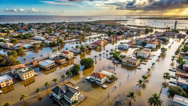 Aerial view of devastated cityscape, flooded streets, and destroyed buildings after catastrophic storm surge hits urban area, revealing aftermath of natural disaster.