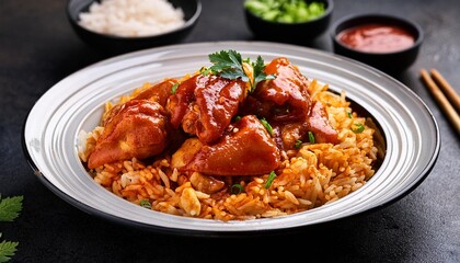 chicken asian rice indian dark traditional sauce garnish hot background masala. Generative AI.