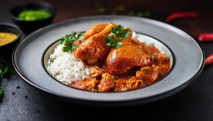 chicken traditional hot indian sauce rice oriental masala dark asian background. Generative AI.