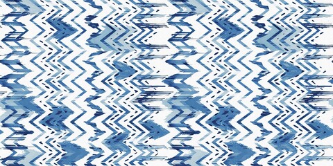 Summery ikat zig zag border pattern in painterly brushstroke digital design. Modern coastal living printed textile decor in seamless banner tape template.