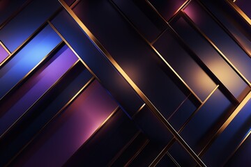 Abstract geometric background with dark blue, purple, and gold tones.