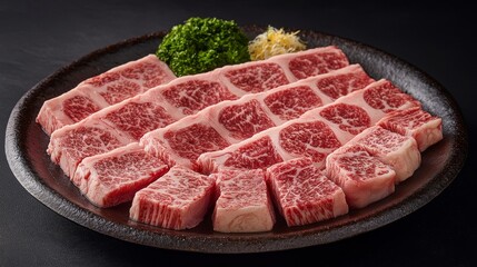 Fresh, marbled beef short ribs, sliced thin and ready for grilling, a traditional Japanese BBQ experience.