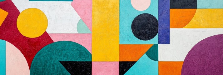 Fototapeta premium This abstract artwork features a captivating arrangement of geometric shapes in vibrant hues of yellow, pink, blue, green, red, and black, symbolizing energy, creativity, harmony, and abstract express