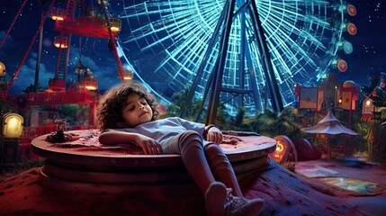 A child relaxes on a sandy surface with a ferris wheel in the background at night.
