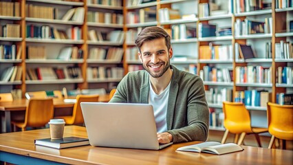 A focused young adult with a stack of books and a laptop, sitting in a modern university library, smiling confidently at the camera.