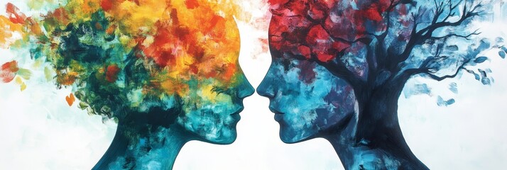 This abstract painting showcases two faces, symbolizing connection, unity, and the beauty of contrasting colors.  The tree-like forms within their profiles suggest growth, nature, and a shared journey