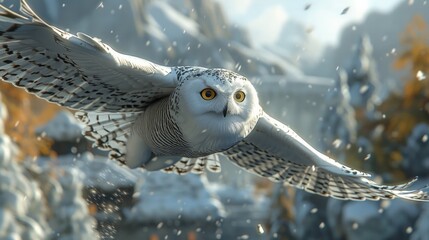 Snowy owl flying low over a snowy landscape, its white feathers blending with the snow, and its piercing eyes focused ahead.