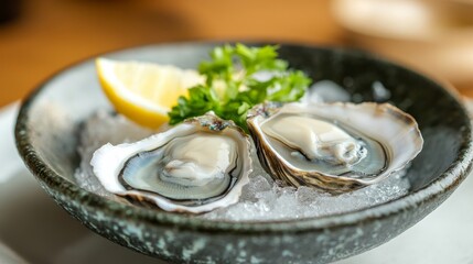 Two fresh oysters on ice, garnished with a lemon wedge and parsley, symbolizing freshness, delicacy, luxury, indulgence, and seafood.
