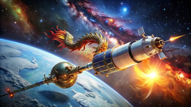 A futuristic, glowing Chinese dragon spacecraft orbits Earth, surrounded by stars and nebulae, symbolizing China's ambitious presence in space exploration and technology.