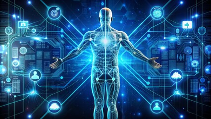 A futuristic illustration of a human body made up of circuits and wires, surrounded by various health monitoring devices, highlighting the connection between health and technology.