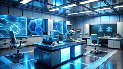 A futuristic laboratory setup featuring a sleek spectrometer device analyzing a glowing blue sample, surrounded by various scientific equipment and data screens.