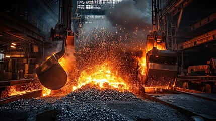 High-energy metal foundry molten steel pouring heavy machinery intense heat industrial power raw materials