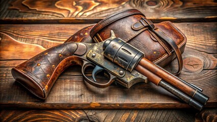 Aged, rusty revolver with worn wooden grip and intricate engravings on metal barrel, lying on a vintage leather holster with a subtle, aged patina.