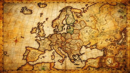 Obraz premium Aged, worn, and creased old European map on yellowed parchment, featuring intricate hand-drawn borders, vintage typography, and faded territorial boundaries.