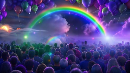 Inspirational education concept with rainbow arching over diverse crowd in cosmic landscape