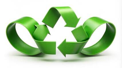 A green arrows-formed Mobius strip surrounds the chasing arrows recycling logo on a white background, symbolizing eco-friendly sustainable recycling practice and environmental responsibility.