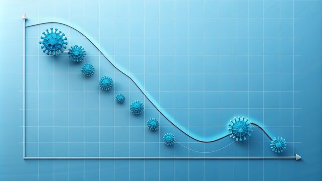 A graph illustrating a decrease in COVID-19 cases over time, with a downward sloping curve, conveyed through a minimalist design with a calming blue tone.
