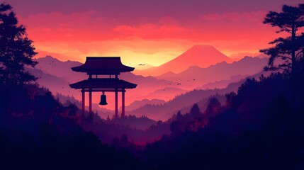 Illuminating Japanese Temple Bell Ringing at Dawn Over Misty Mountain Valley