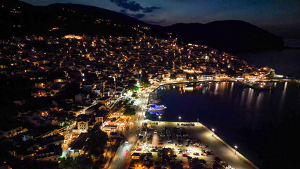 Fototapeta premium Aerial view of Skopelos Town at night, Greece