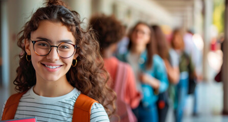 Obraz premium Young student smiles brightly while holding books in a school hallway filled with peers on a sunny day