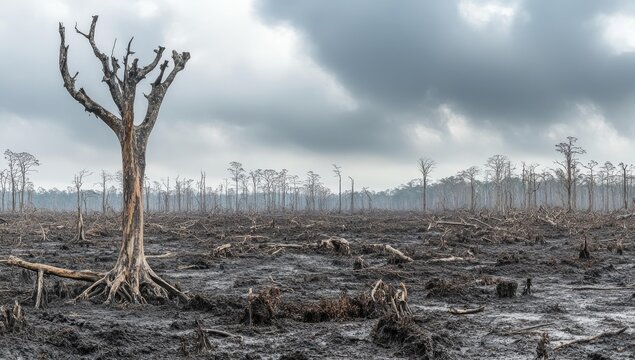 A lone tree stands in a burnt forest.