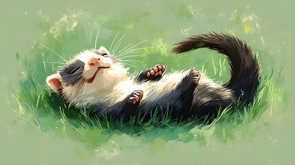 Playful Ferret Frolicking in Lush Green Grass in Anime Style