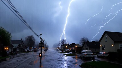 Lightning strike illuminating flooded street during heavy rain