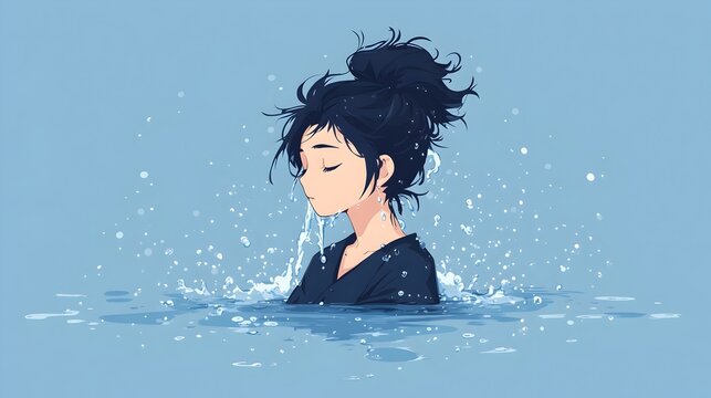 Shima Enaga Bird Bathing in Puddle with Splashing Water in Flat Blue Design
