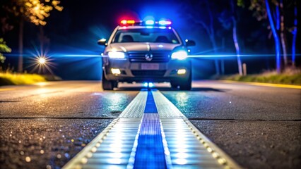 A horizontal line on the ground marks the walking path for a sobriety test, illuminated by a police car's flashing lights in the dark night background.