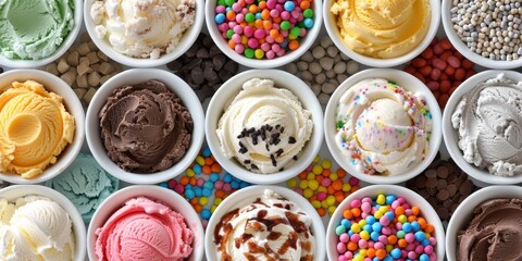 An array of colorful ice cream scoops in bowls, showcasing various flavors and toppings for a delightful treat.