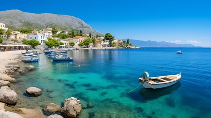 A picturesque beach scene featuring boats and charming houses lining.