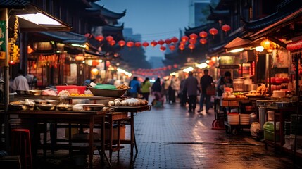 Obraz premium A lively street market scene featuring numerous individuals walking through.
