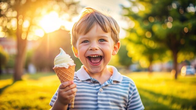 A joyful young boy with a round face and chubby cheeks beams with excitement, holding a giant ice cream cone on a sunny day outdoors.
