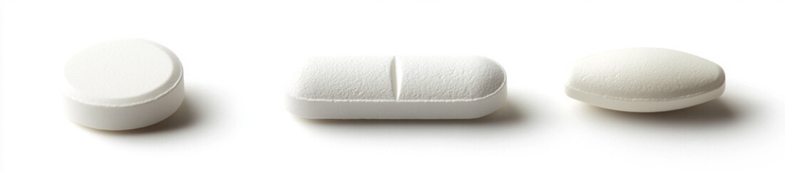 Fototapeta premium A set of white pills in different shapes and sizes, each on its own line isolated against the background
