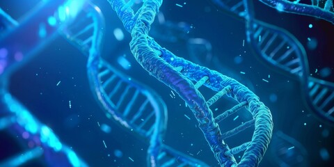 An intricate visualization of a DNA strand, showcasing its double helix structure in vibrant blue tones and digital effects.