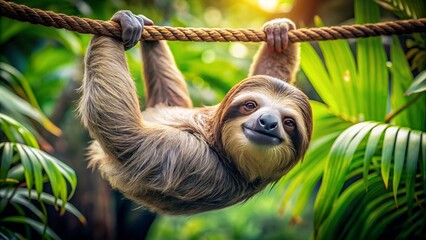 Fototapeta premium A lazy sloth hangs upside down from a branch, its slow blinking eyes and relaxed limbs exuding a sense of lethargy and sluggishness in a lush jungle.