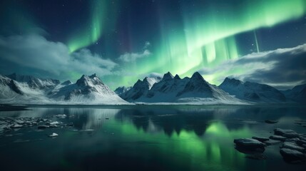 Naklejka premium Nighttime Tranquility: Aurora over Frozen Glacier Reflecting Dramatic Sky