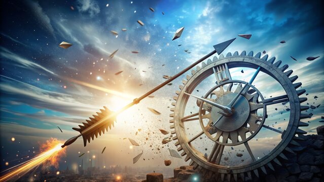 A lone arrow breaks free from a shattered clock face, soaring upward amidst scattered broken machinery, symbolizing liberation and a fresh start in a chaotic world.