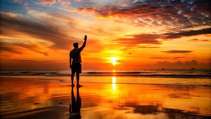 Fototapeta premium A lone figure stands at attention, hand raised in solemn salute, against a vibrant orange sunset with darkened shadows cast on the sandy beach.
