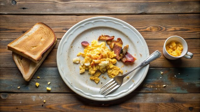 A lonely, congealed plate of uneaten breakfast food, including scrambled eggs, bacon, and toast, sits abandoned on a cluttered, worn wooden kitchen table.