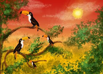 Four toucans perched on a branch in the tropical rainforest