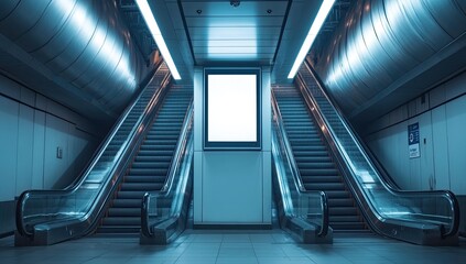 Two escalators facing each other in an empty subway station.